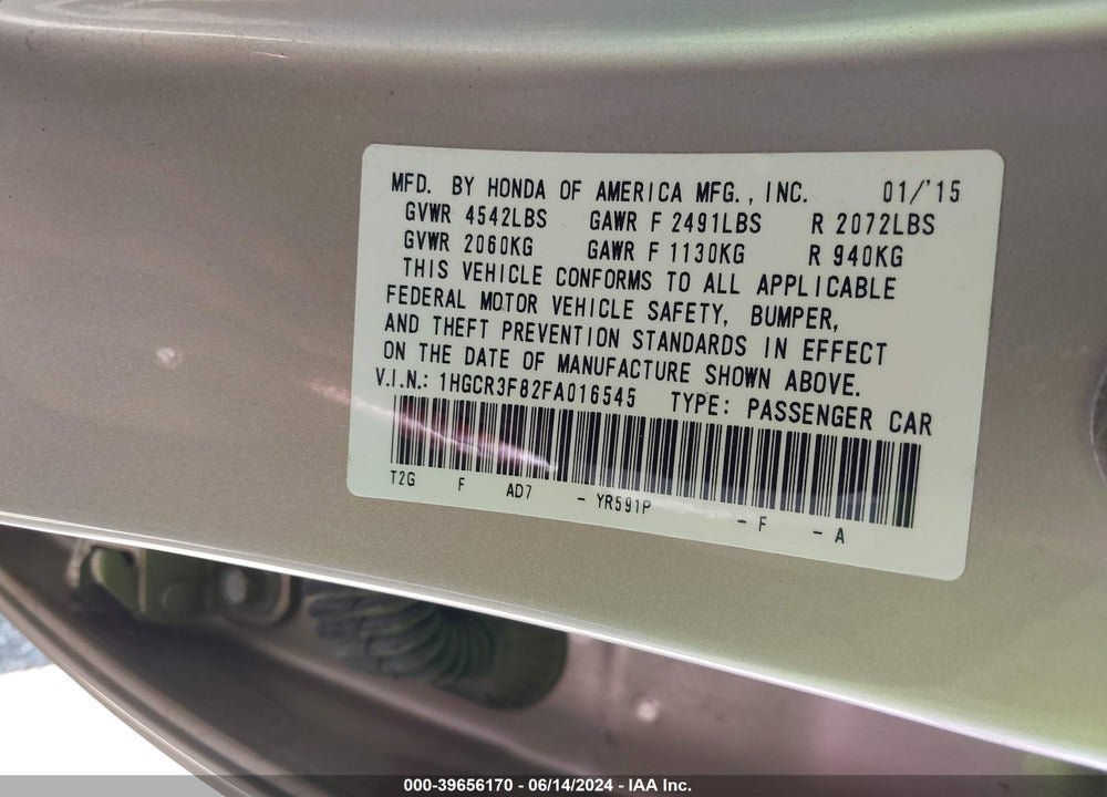 2015 HONDA ACCORD EX-L V-6 VIN: 1HGCR3F82FA016545