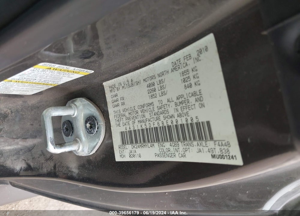 2011 MITSUBISHI ECLIPSE GS/GS SPORT VIN: 4A31K5DF6BE001005