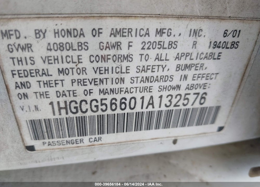 2001 HONDA ACCORD 2.3 EX VIN: 1HGCG56601A132576