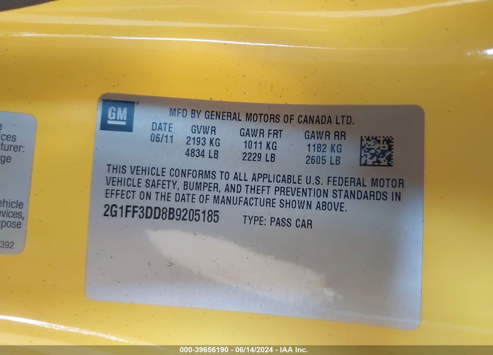 2011 CHEVROLET CAMARO 1LT VIN: 2G1FF3DD8B9205185