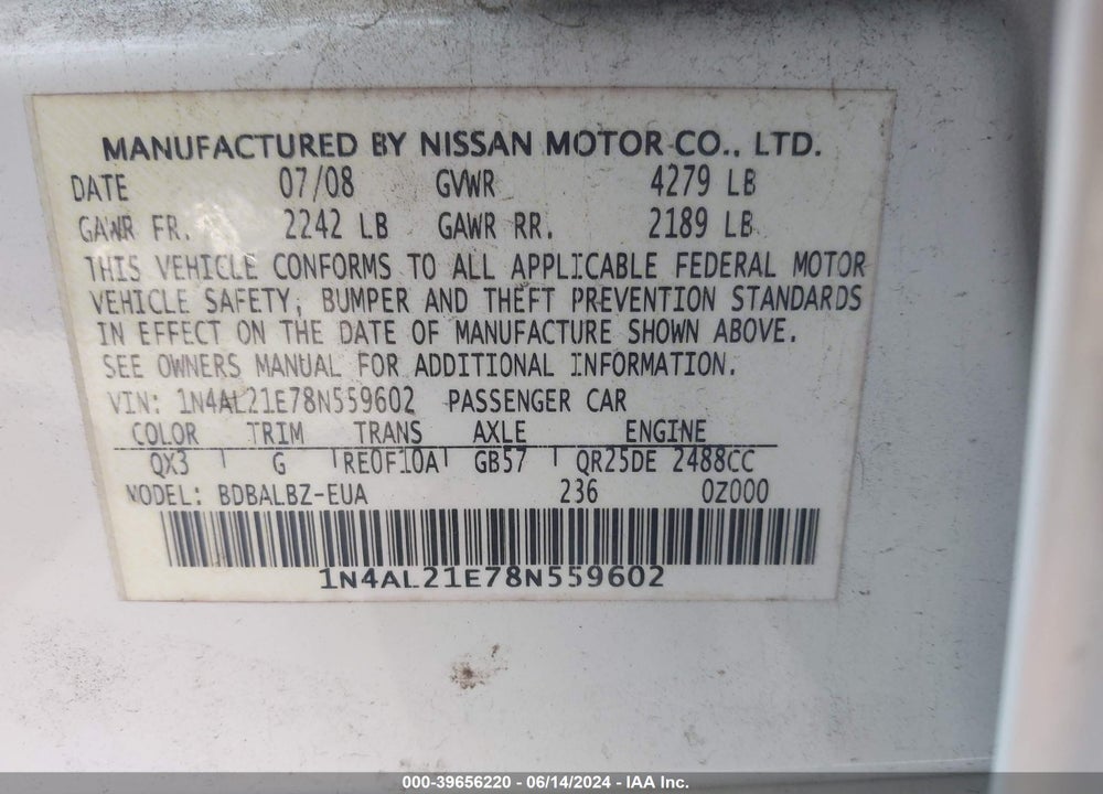 2008 NISSAN ALTIMA 2.5 S VIN: 1N4AL21E78N559602