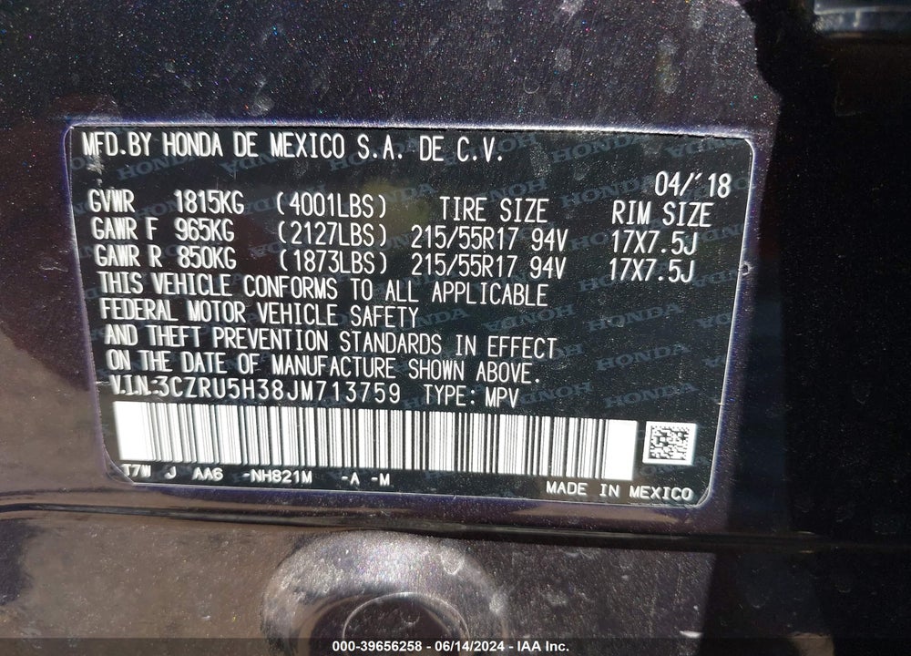 2018 HONDA HR-V LX VIN: 3CZRU5H38JM713759