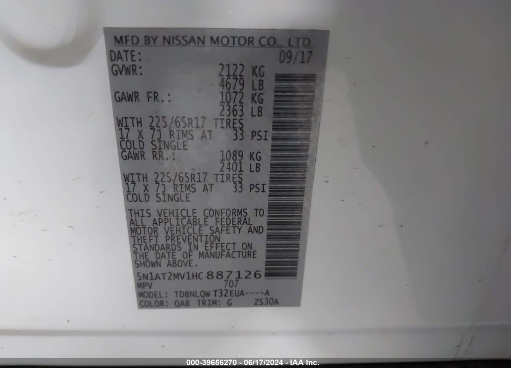 2017 NISSAN ROGUE SV VIN: 5N1AT2MV1HC887126