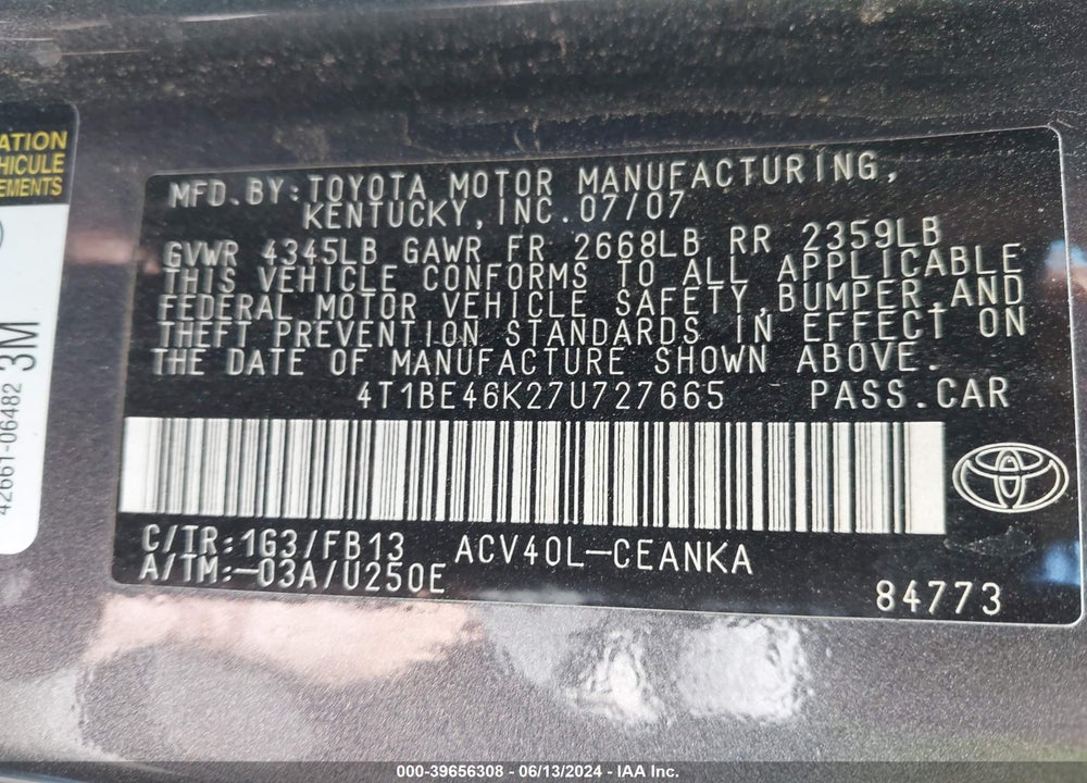 2007 TOYOTA CAMRY LE VIN: 4T1BE46K27U727665