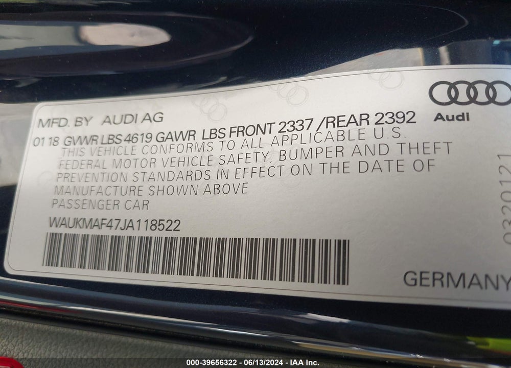 2018 AUDI A4 2.0T TECH ULTRA PREMIUM/2.0T ULTRA PREMIUM VIN: WAUKMAF47JA118522