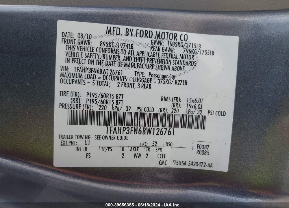 2011 FORD FOCUS SE VIN: 1FAHP3FN6BW126761