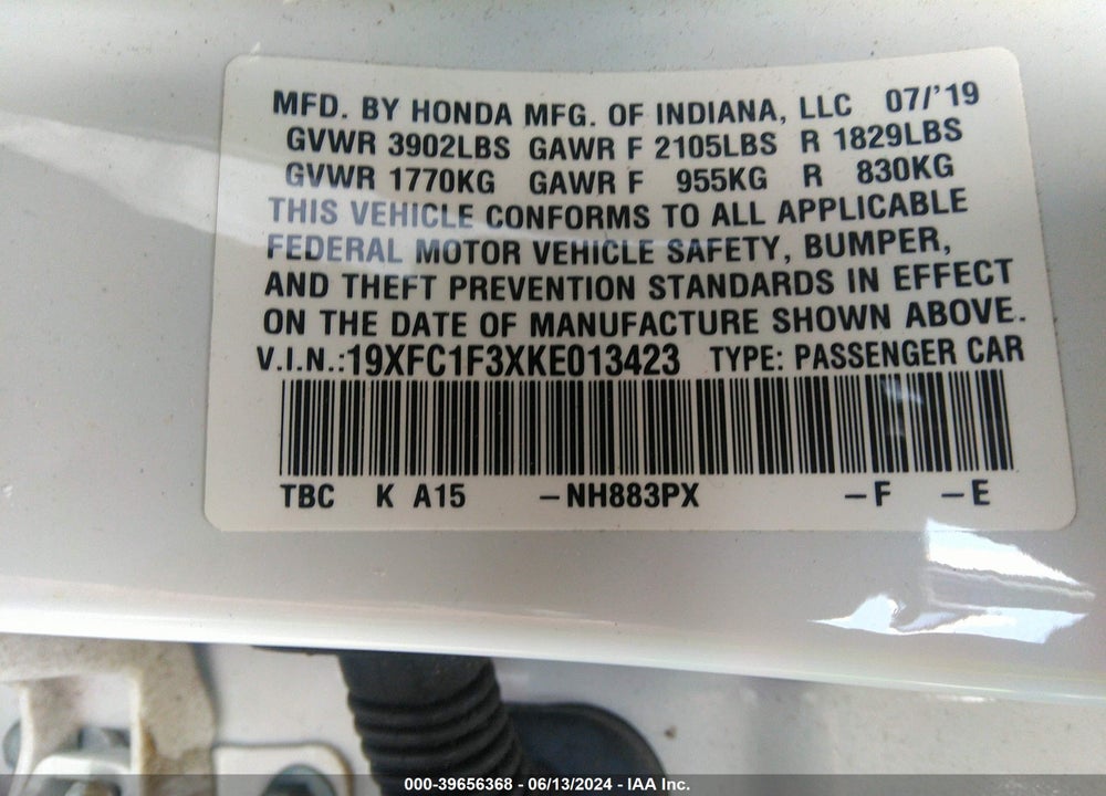 2019 HONDA CIVIC EX VIN: 19XFC1F3XKE013423