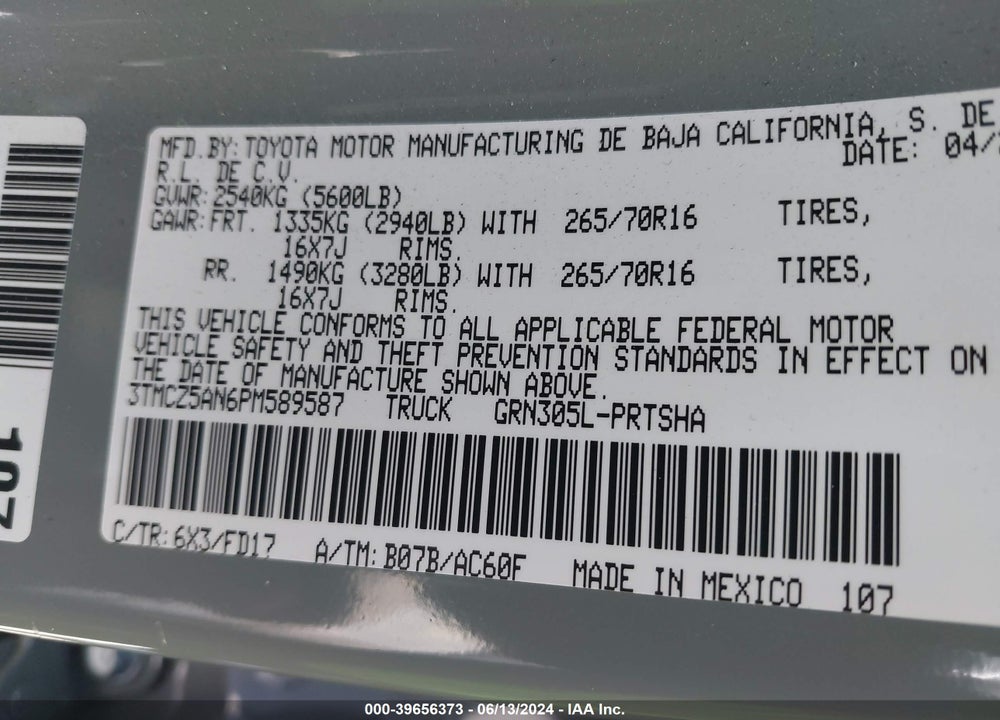 2023 TOYOTA TACOMA TRD OFF ROAD VIN: 3TMCZ5AN6PM589587