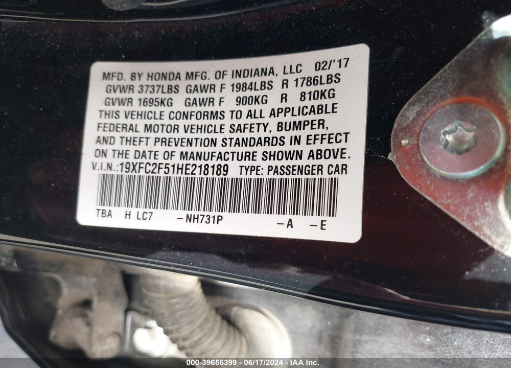 2017 HONDA CIVIC LX VIN: 19XFC2F51HE218189