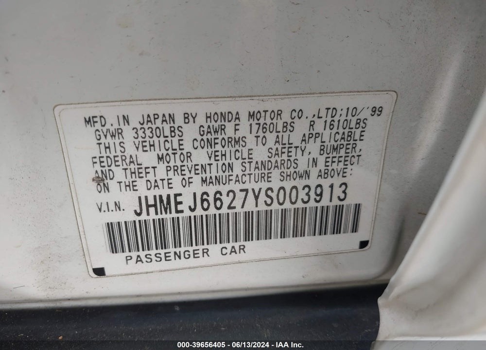 2000 HONDA CIVIC DX VIN: JHMEJ6627YS003913