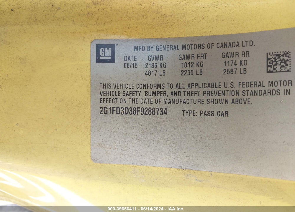 2015 CHEVROLET CAMARO 1LT VIN: 2G1FD3D38F9288734