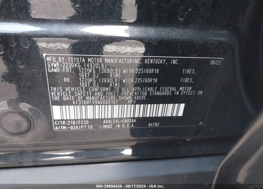 2022 TOYOTA RAV4 HYBRID SE VIN: 4T3T6RFV9NU089167