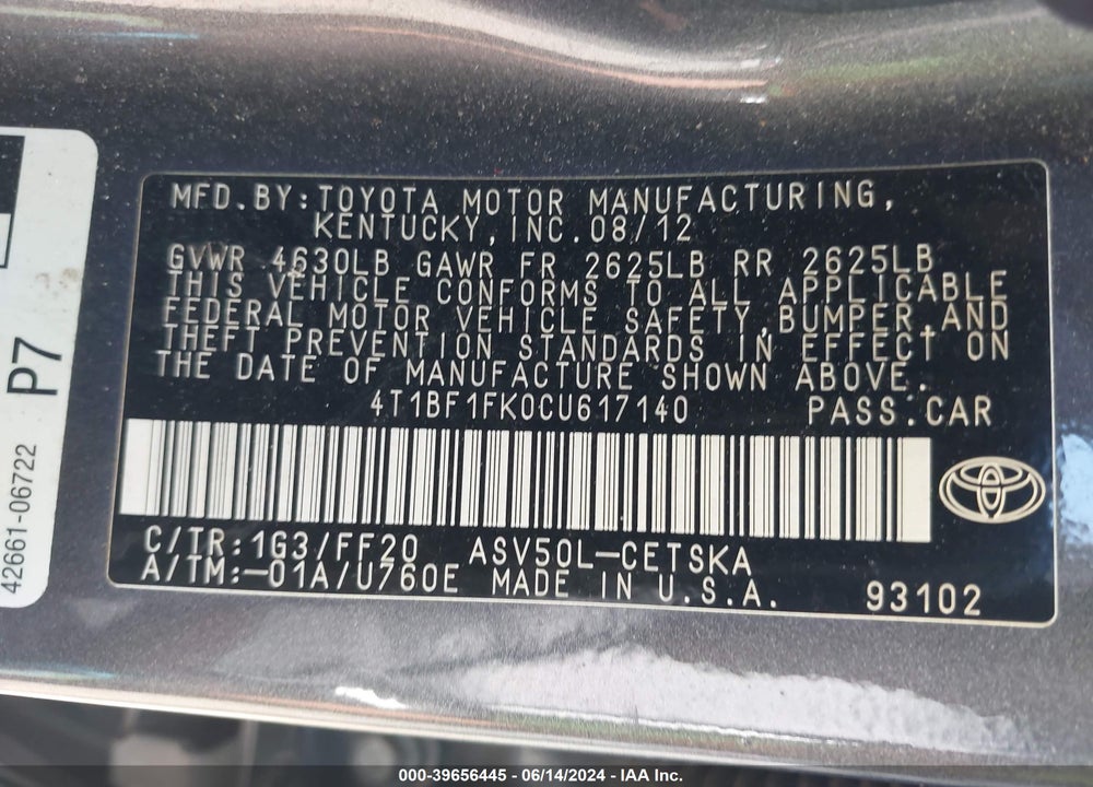 2012 TOYOTA CAMRY SE VIN: 4T1BF1FK0CU617140