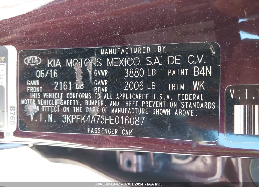 2017 KIA FORTE LX VIN: 3KPFK4A73HE016087