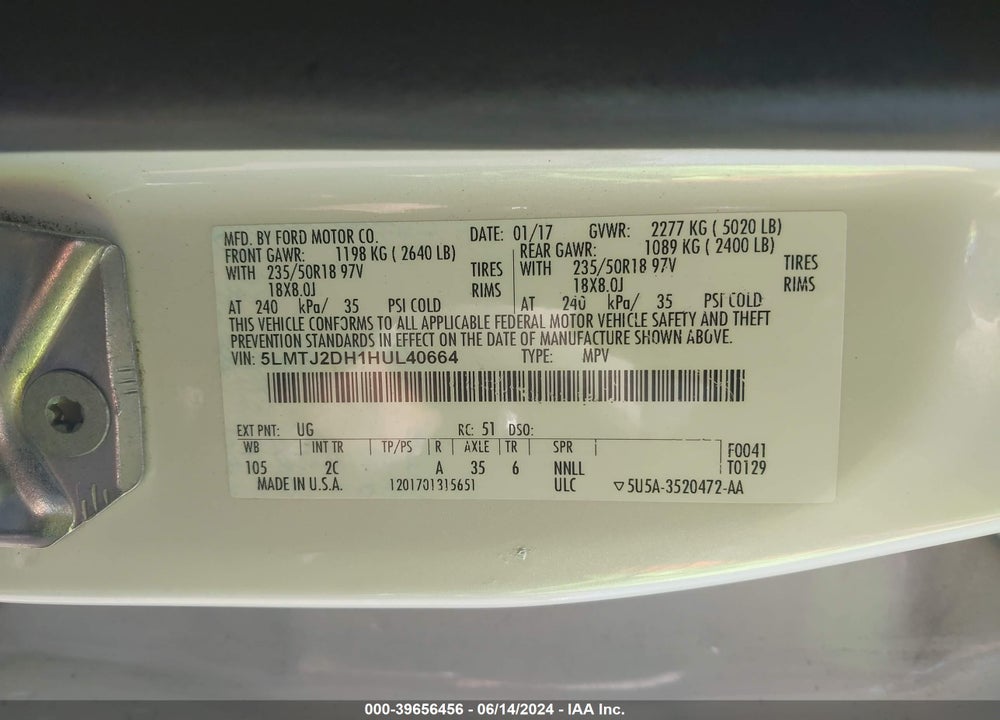 2017 LINCOLN MKC SELECT VIN: 5LMTJ2DH1HUL40664