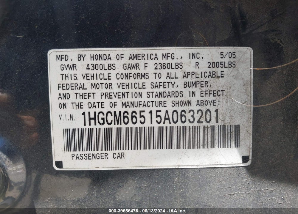2005 HONDA ACCORD 3.0 EX VIN: 1HGCM66515A063201