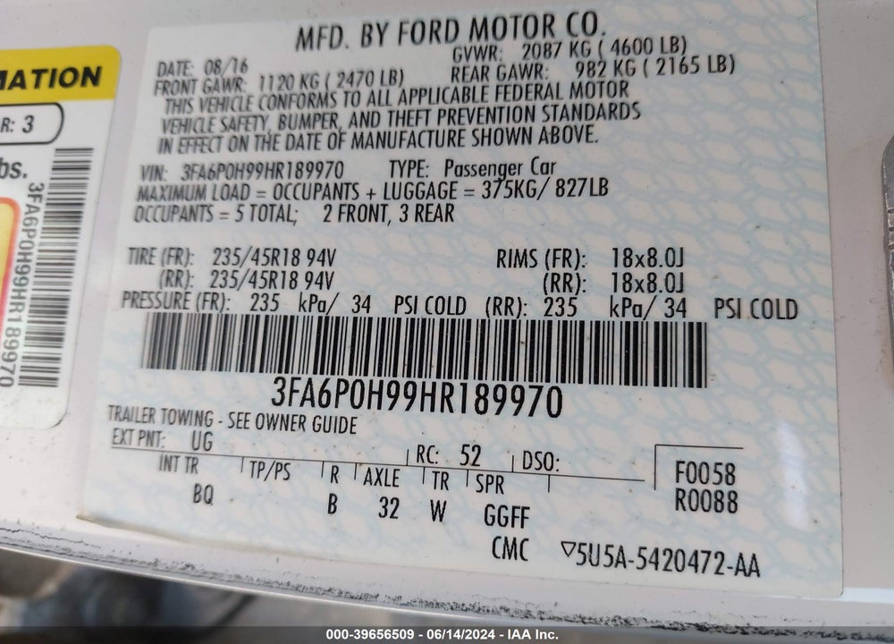 2017 FORD FUSION SE VIN: 3FA6P0H99HR189970