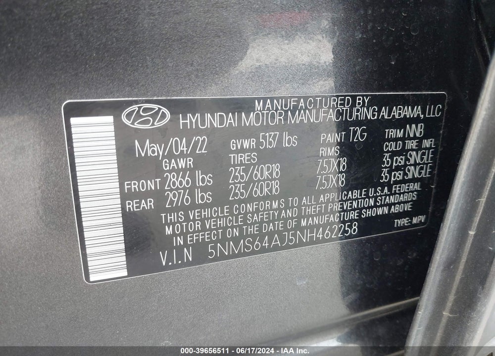 2022 HYUNDAI SANTA FE XRT VIN: 5NMS64AJ5NH462258