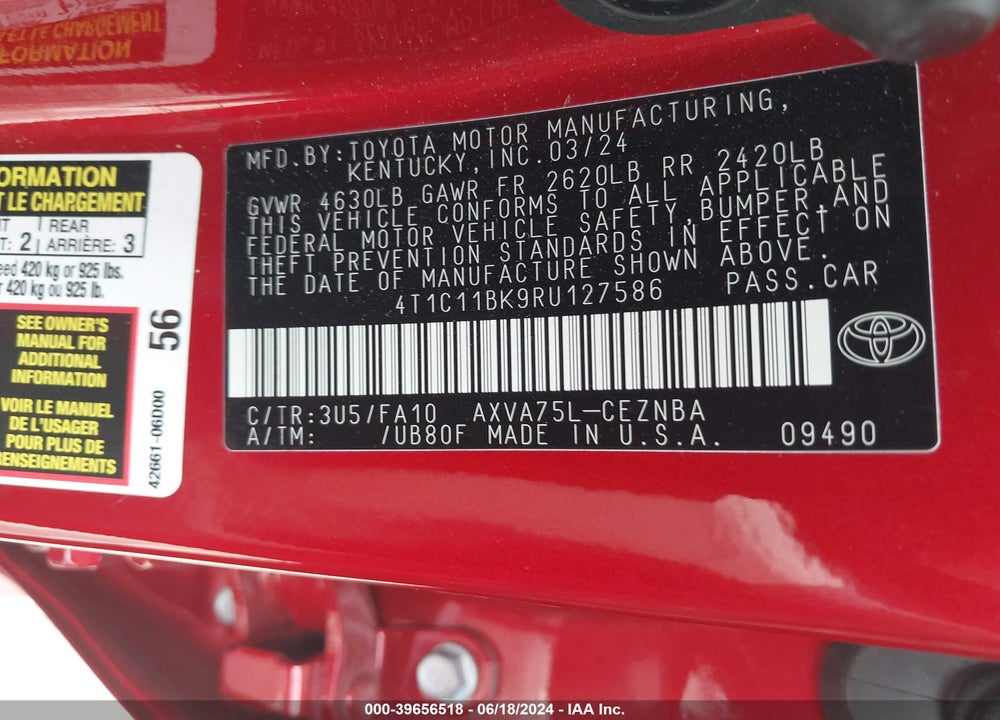 2024 TOYOTA CAMRY LE VIN: 4T1C11BK9RU127586