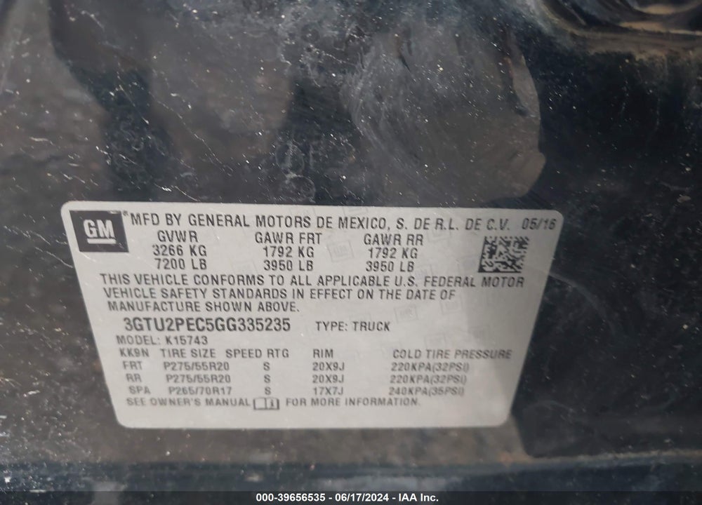 2016 GMC SIERRA 1500 DENALI VIN: 3GTU2PEC5GG335235