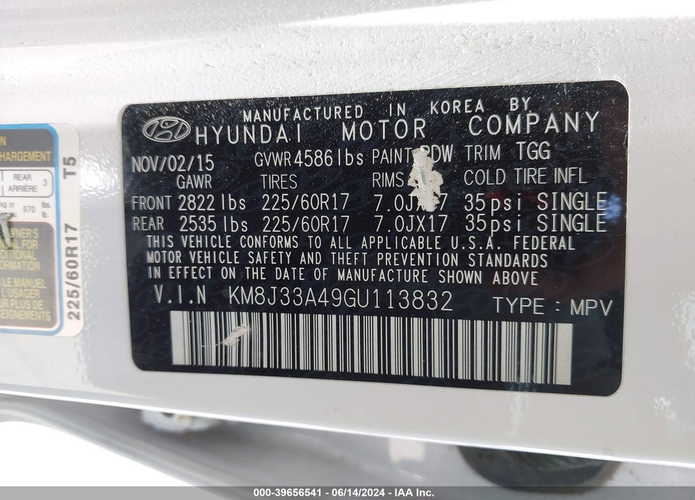 2016 HYUNDAI TUCSON SE VIN: KM8J33A49GU113832