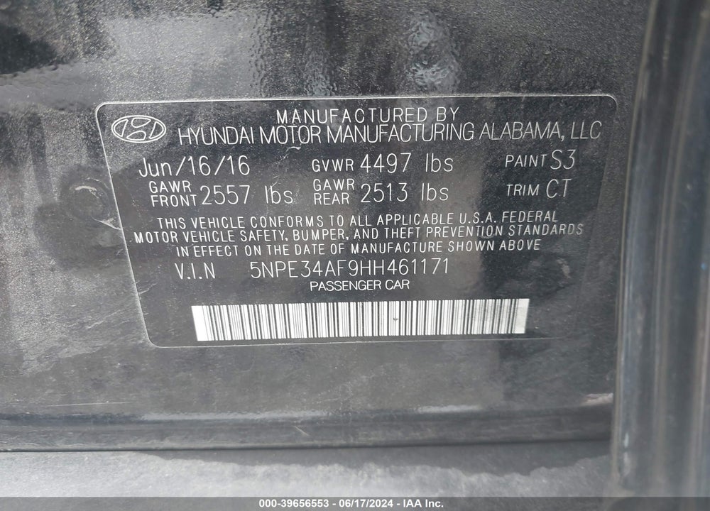 2017 HYUNDAI SONATA SPORT VIN: 5NPE34AF9HH461171