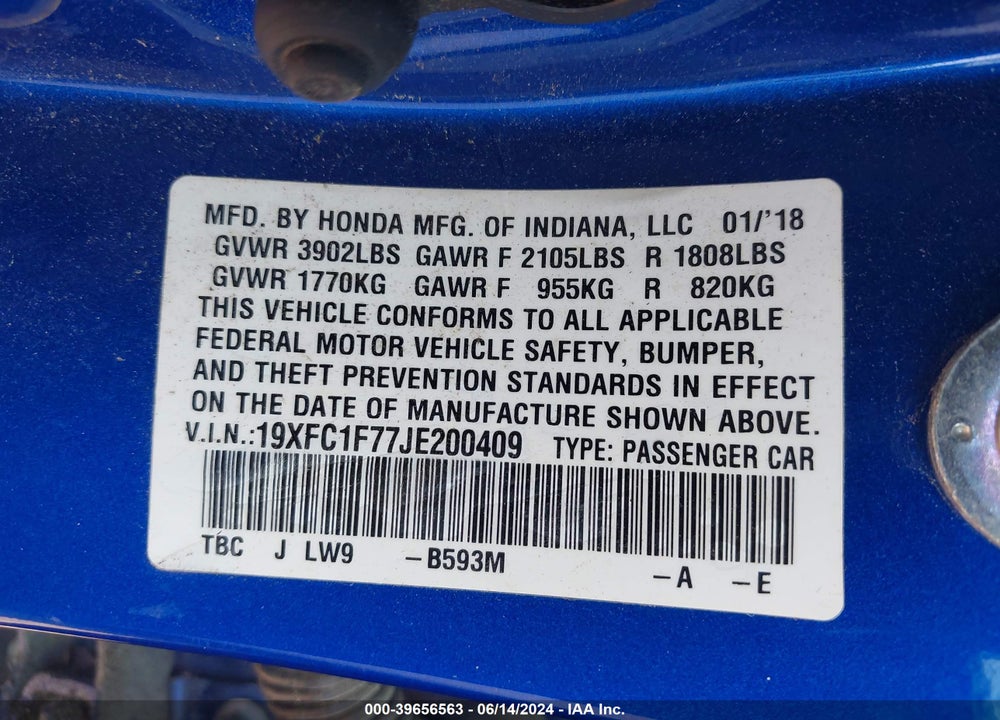 2018 HONDA CIVIC EXL VIN: 19XFC1F77JE200409