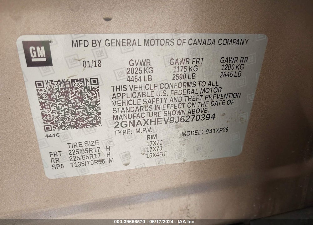 2018 CHEVROLET EQUINOX LS VIN: 2GNAXHEV9J6270394