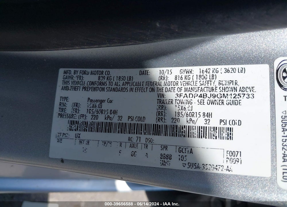 2016 FORD FIESTA SE VIN: 3FADP4BJ9GM125733