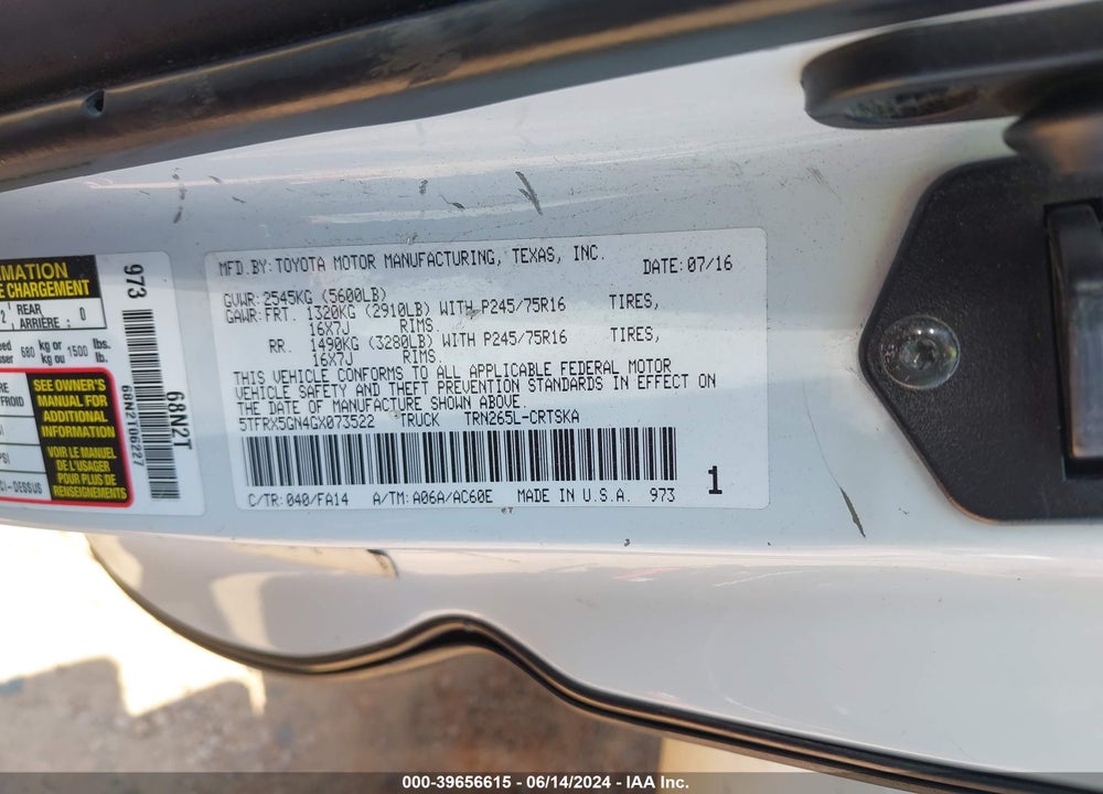 2016 TOYOTA TACOMA SR VIN: 5TFRX5GN4GX073522
