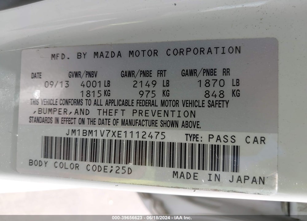 2014 MAZDA 3 I TOURING VIN: JM1BM1V7XE1112475