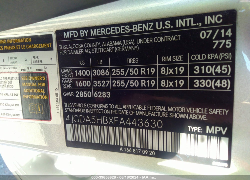 2015 MERCEDES-BENZ ML 350 4MATIC VIN: 4JGDA5HBXFA443630