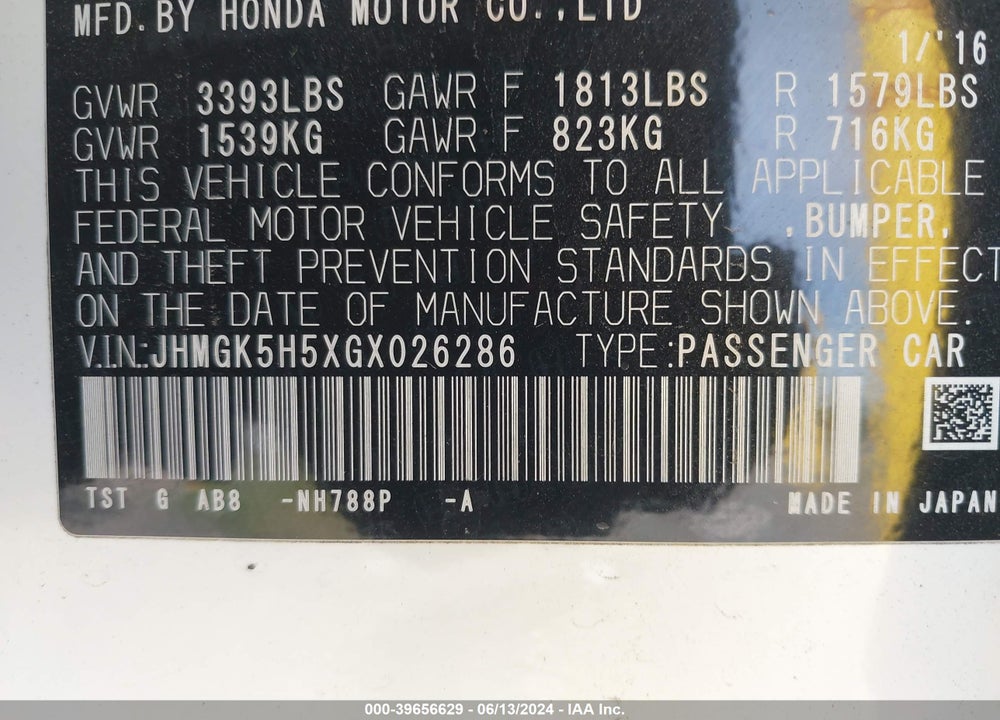 2016 HONDA FIT LX VIN: JHMGK5H5XGX026286