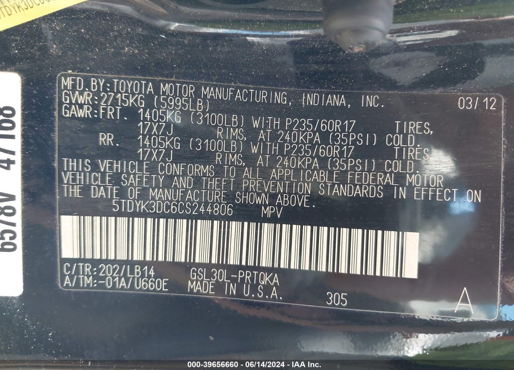 2012 TOYOTA SIENNA XLE V6 8 PASSENGER VIN: 5TDYK3DC6CS244806