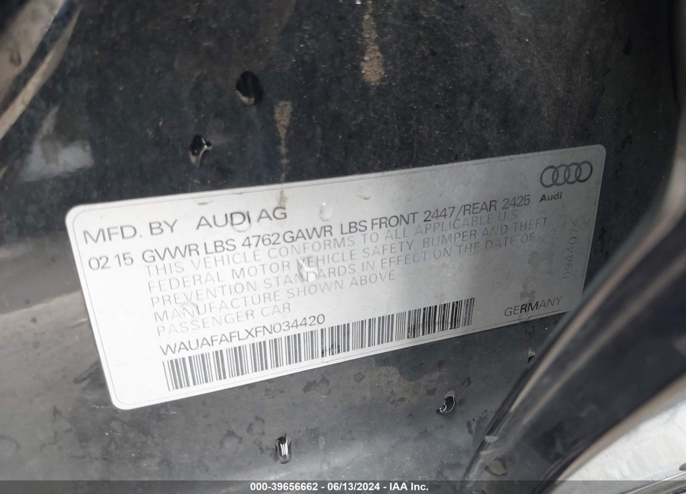 2015 AUDI A4 2.0T PREMIUM VIN: WAUAFAFLXFN034420