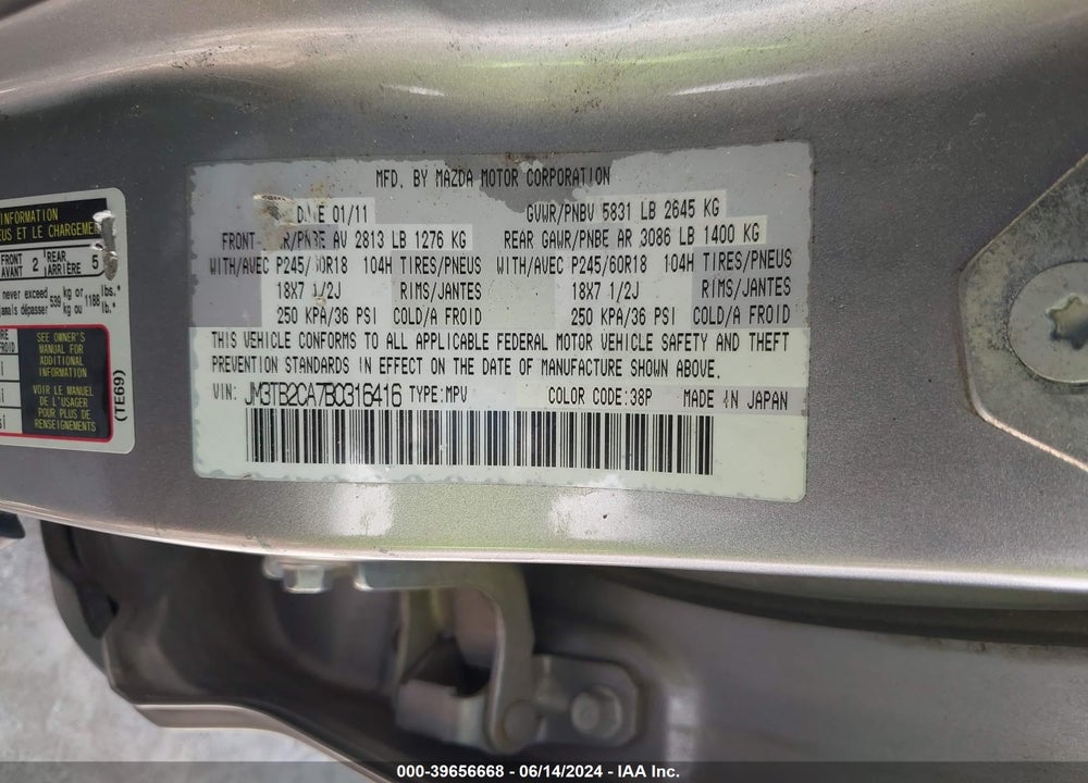 2011 MAZDA CX-9 TOURING VIN: JM3TB2CA7B0316416