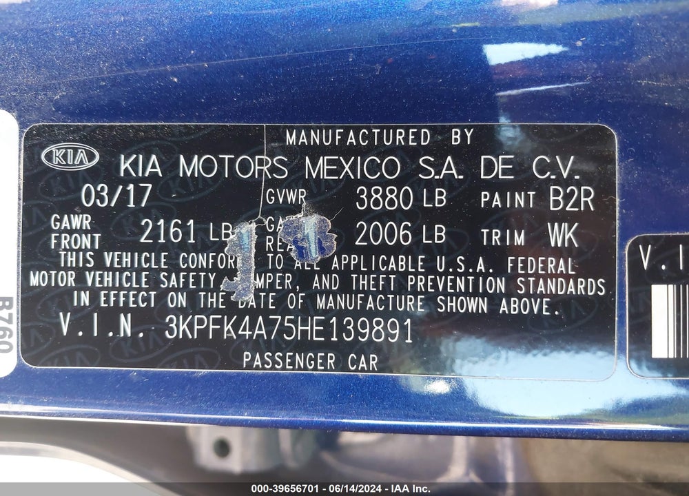2017 KIA FORTE LX VIN: 3KPFK4A75HE139891