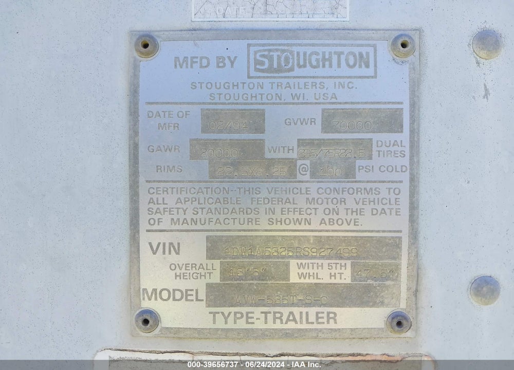 1994 STOUGHTON TRAILERS INC TRAILER VIN: 1DW1A5325RS927499