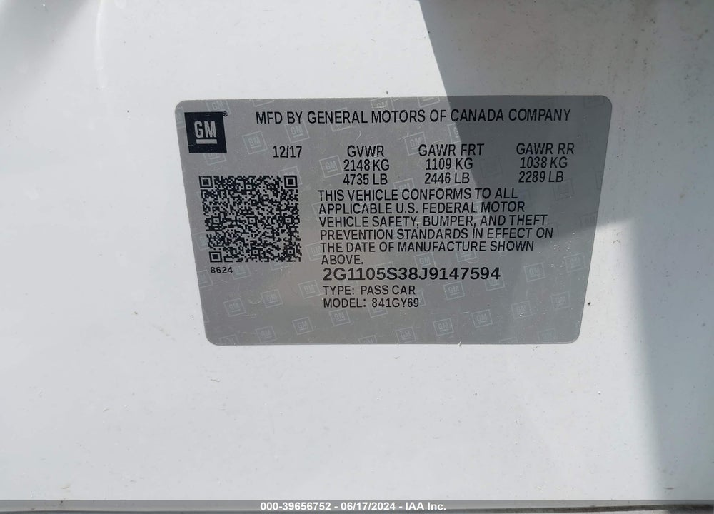 2018 CHEVROLET IMPALA 1LT VIN: 2G1105S38J9147594