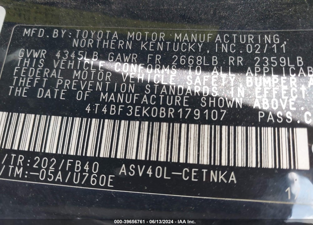 2011 TOYOTA CAMRY LE VIN: 4T4BF3EK0BR179107