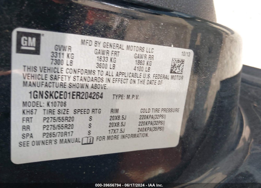 2014 CHEVROLET TAHOE LTZ VIN: 1GNSKCE01ER204264