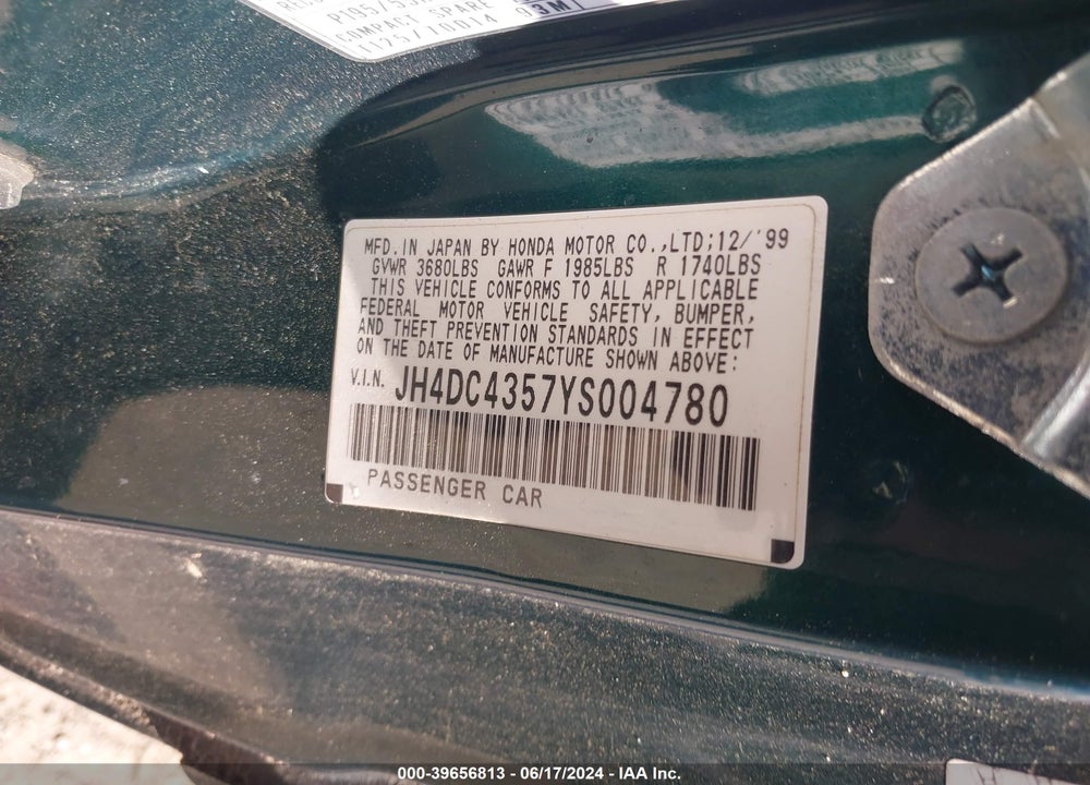 2000 ACURA INTEGRA LS VIN: JH4DC4357YS004780