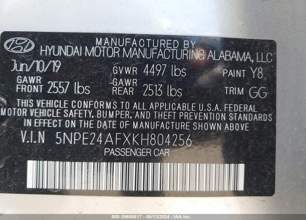 2019 HYUNDAI SONATA SE VIN: 5NPE24AFXKH804256