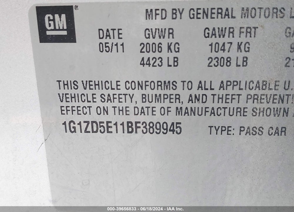 2011 CHEVROLET MALIBU 2LT VIN: 1G1ZD5E11BF389945