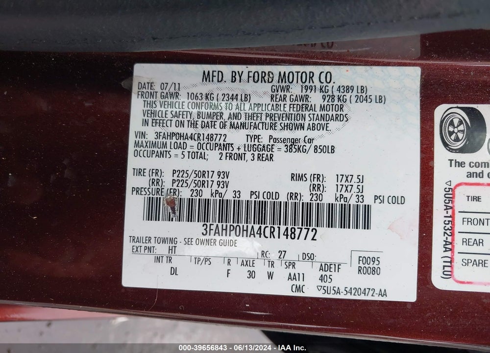 2012 FORD FUSION SE VIN: 3FAHP0HA4CR148772