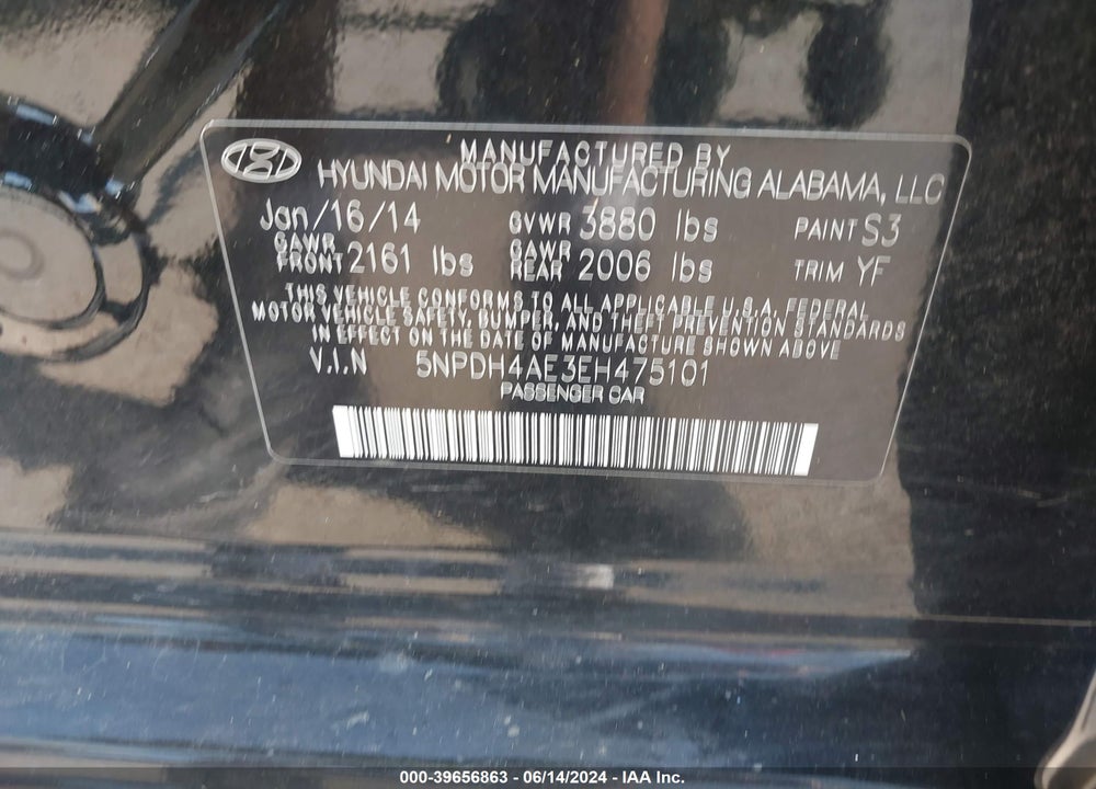 2014 HYUNDAI ELANTRA SE VIN: 5NPDH4AE3EH475101