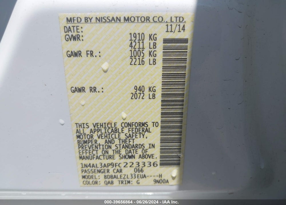 2015 NISSAN ALTIMA 2.5 S VIN: 1N4AL3AP9FC223336