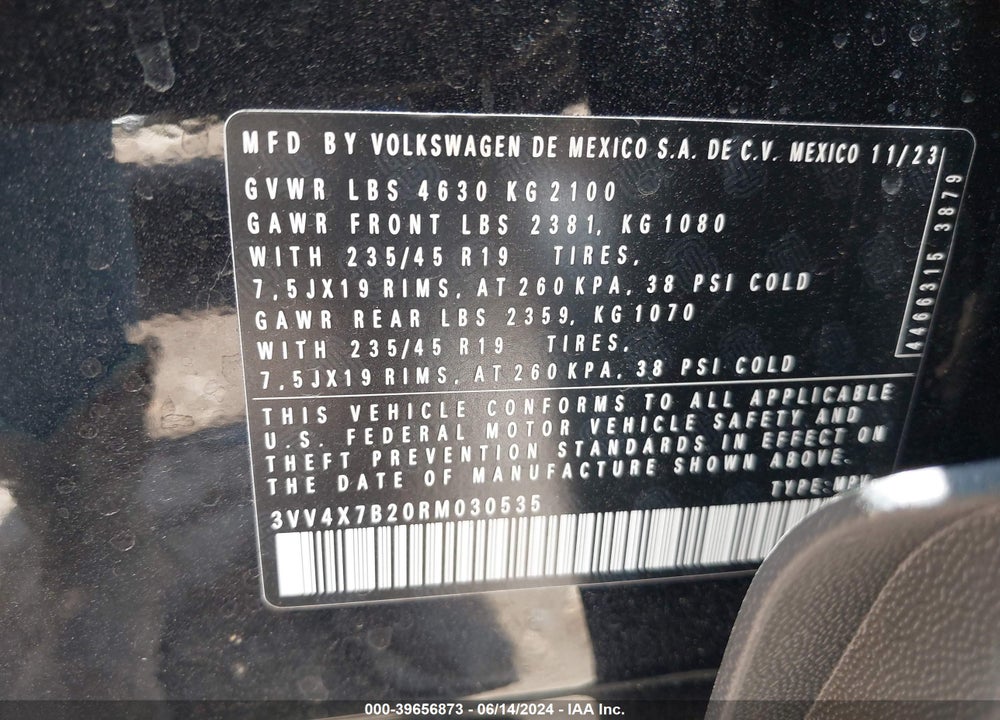 2024 VOLKSWAGEN TAOS 1.5T SEL VIN: 3VV4X7B20RM030535