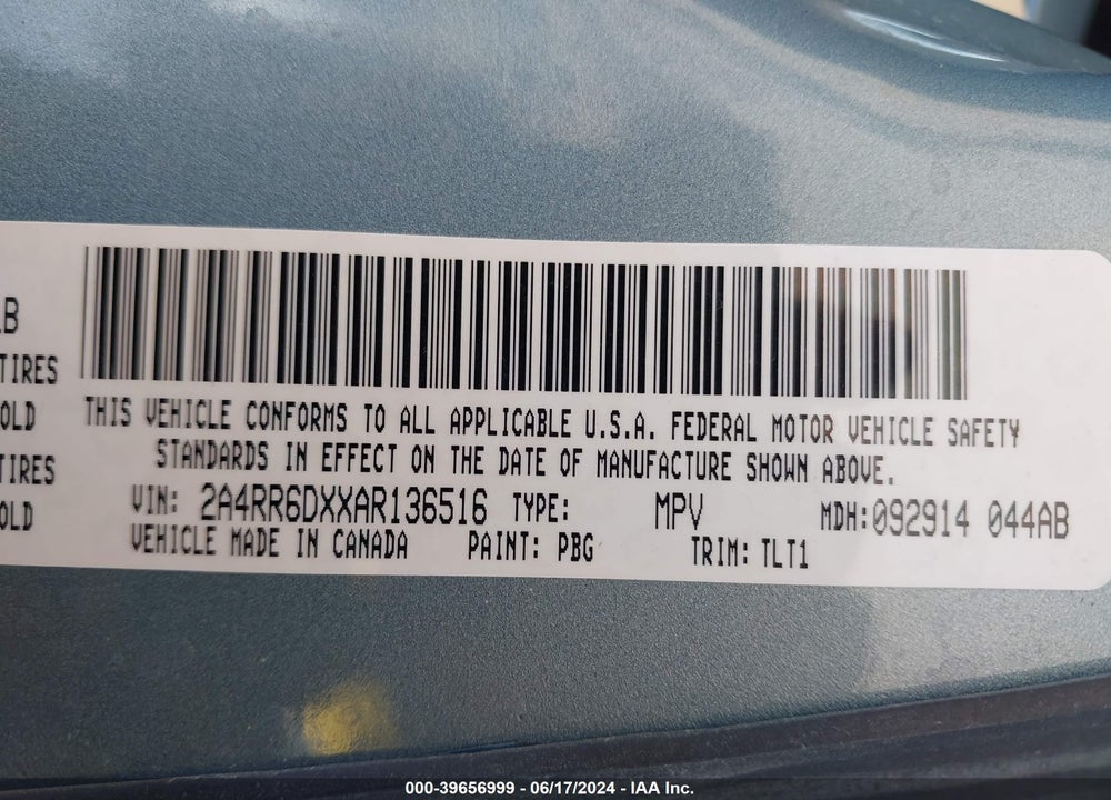 2010 CHRYSLER TOWN & COUNTRY LIMITED VIN: 2A4RR6DXXAR136516