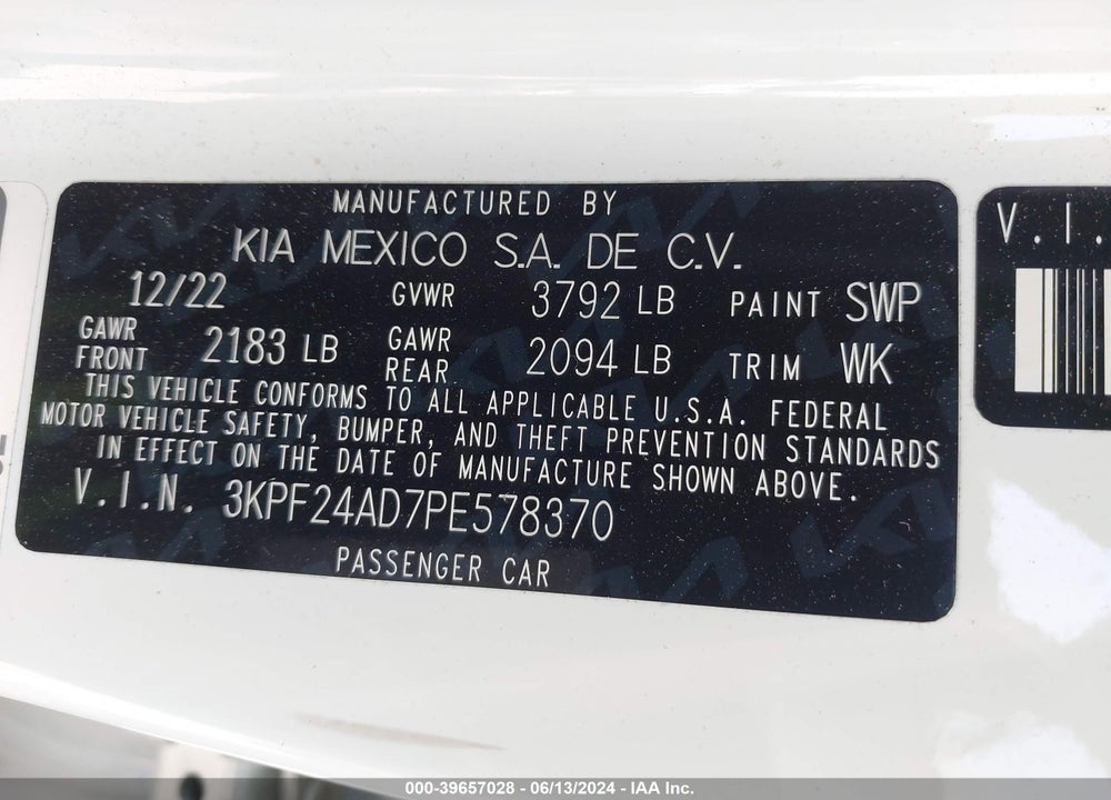 2023 KIA FORTE LXS VIN: 3KPF24AD7PE578370